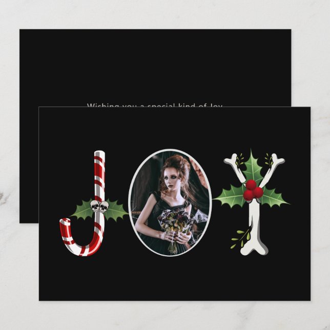 Cartão De Festividades Joy Gothic Christmas One Photo Holiday Card (Frente/Verso)
