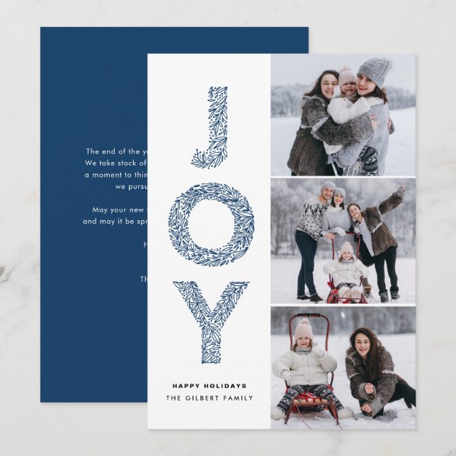 Cartão De Festividades JOY Lettering Blue Christmas Photo Collage (Frente/Verso)