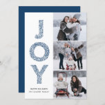 Cartão De Festividades JOY Lettering Blue Christmas Photo Collage<br><div class="desc">Cartão Plano de Colagem de Fotos Azul de Natal - Marinho com Letra de Folhagem JOY | Enviar Cartões de natal com este cartão com fotos de férias moderno e caprichoso. Apresenta a tipografia decorativa de folhagem JOY e o padrão festivo. Personalize adicionando nomes,  mensagens e fotos.</div>