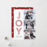 Cartão De Festividades JOY Lettering Red Christmas Photo Collage<br><div class="desc">Cartão plano de colagem de fotos do Natal Vermelho com a inscrição de folhagem JOY | Enviar Cartões de natal com este cartão com fotos de férias moderno e caprichoso. Apresenta a tipografia decorativa de folhagem JOY e o padrão festivo. Personalize adicionando nomes,  mensagens e fotos.</div>