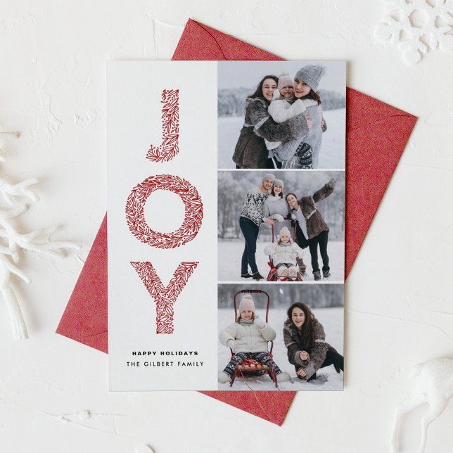 Cartão De Festividades JOY Lettering Red Christmas Photo Collage (JOY Foliage Lettering Three Photo Collage Holiday Card)