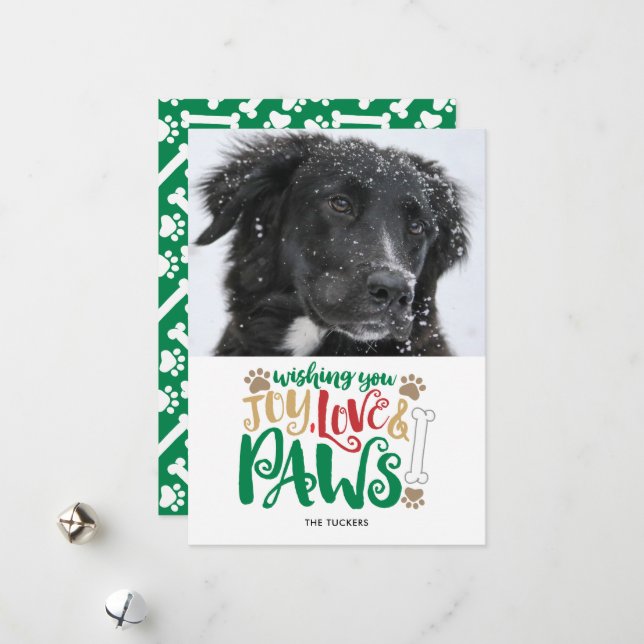 Cartão De Festividades Joy Love Paws Peace Dog Foto Red Green (Frente/Verso In Situ)