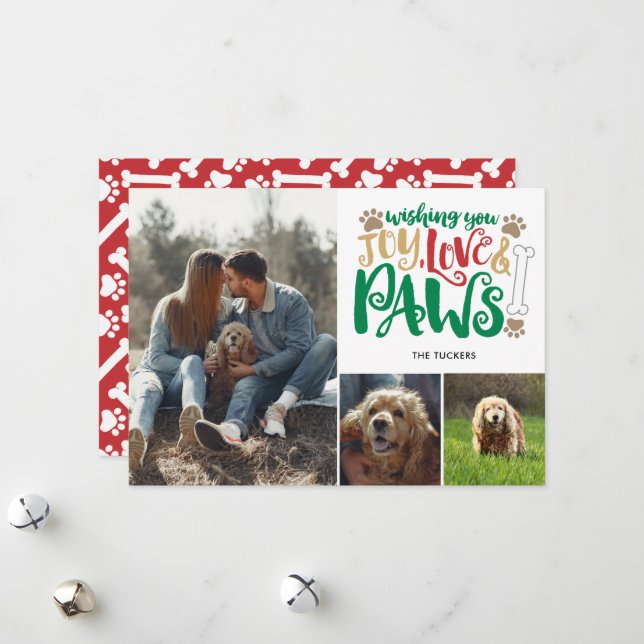 Cartão De Festividades Joy Love Paws Peace Dog Red Green 3-Photo (Frente/Verso In Situ)