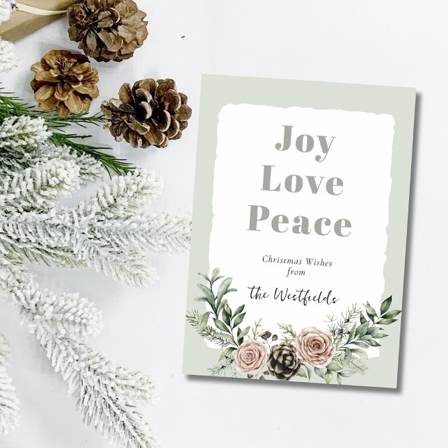 Cartão De Festividades Joy Love Peace Christmas Roses Pine Cone (Joy Love Peace Christmas Roses Pine Cone Holiday Card)