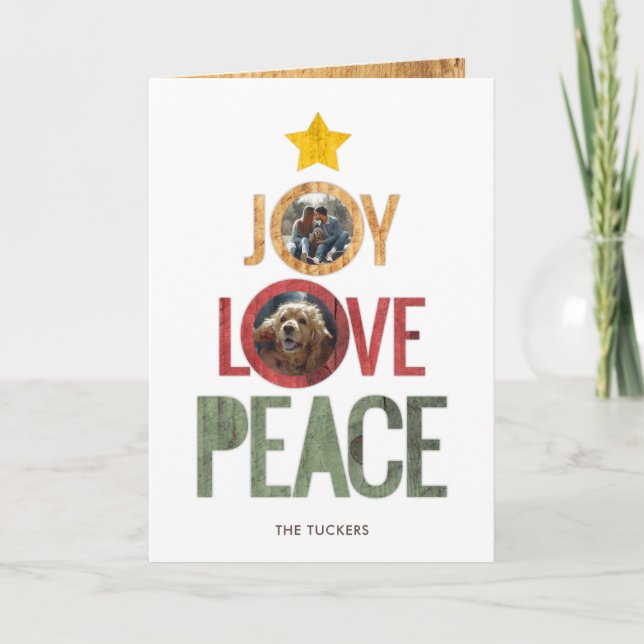 Cartão De Festividades Joy Love Peace Rustic Photo Christmas Tree Holiday (Frente)