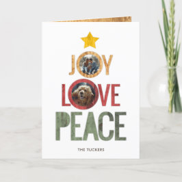 Cartão De Festividades Joy Love Peace Rustic Photo Christmas Tree Holiday