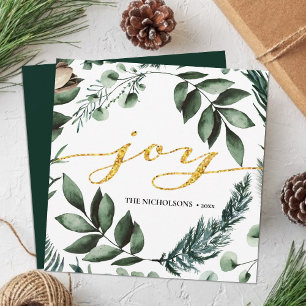 Cartão De Festividades JOY Modern Dourado Script Magnolia Floral Pine Bou