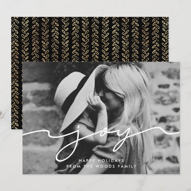 Cartão De Festividades Joy Modern Foto de Natal manuscrita (Frente/Verso)
