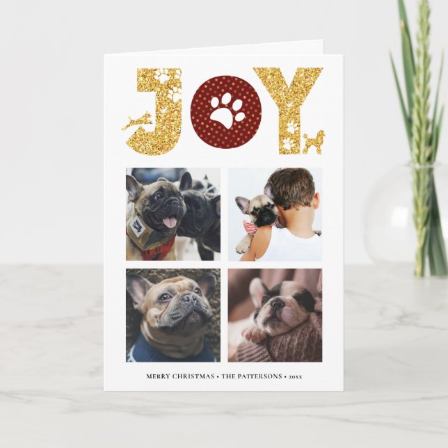 Cartão De Festividades JOY Paws Dourado | Pet Aproxima Quatro Colagem Fot (Frente)