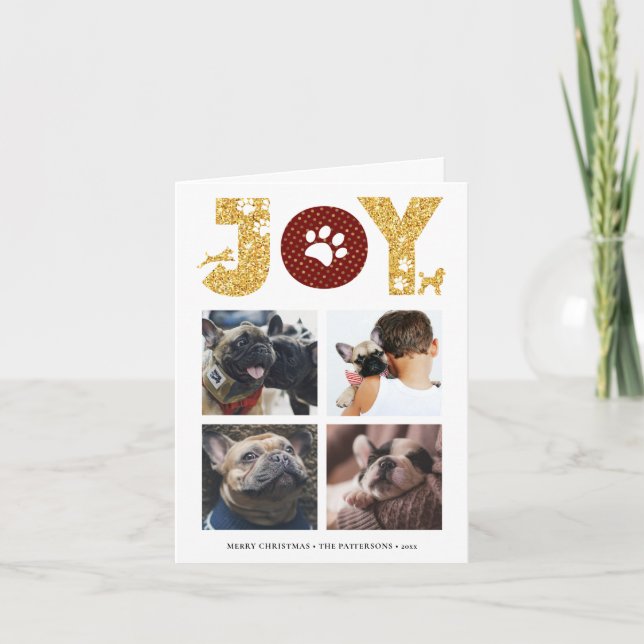Cartão De Festividades JOY Paws Dourado | Pet Aproxima Quatro Colagem Fot (Frente)