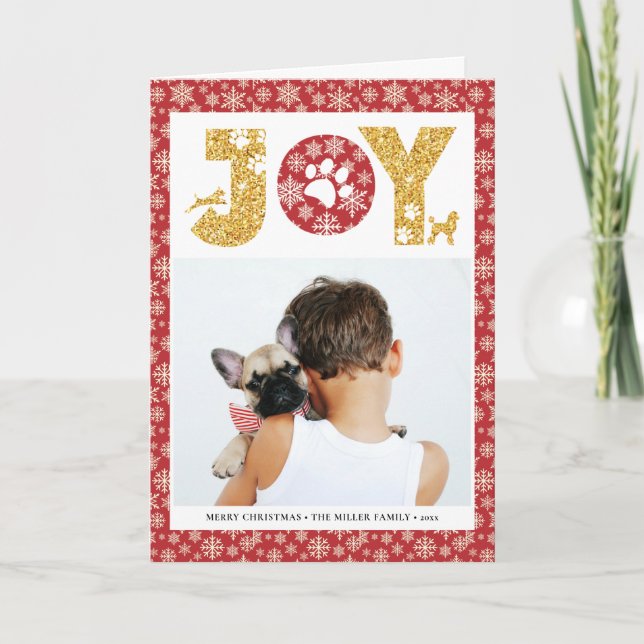 Cartão De Festividades JOY Paws Dourado | Pet Lover Flocos De Neve Em Ver (Frente)