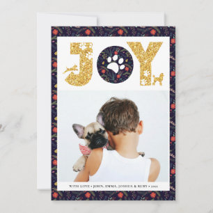 Cartão De Festividades JOY Paws Dourado   Pet Lovers Floral
