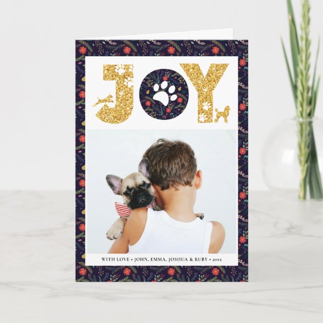 Cartão De Festividades JOY Paws Dourado | Pet Lovers Floral (Frente)