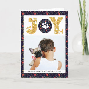 Cartão De Festividades JOY Paws Dourado   Pet Lovers Floral