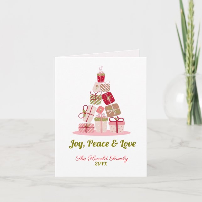 Cartão De Festividades Joy Peace e Love Christmas Tree Card (Frente)