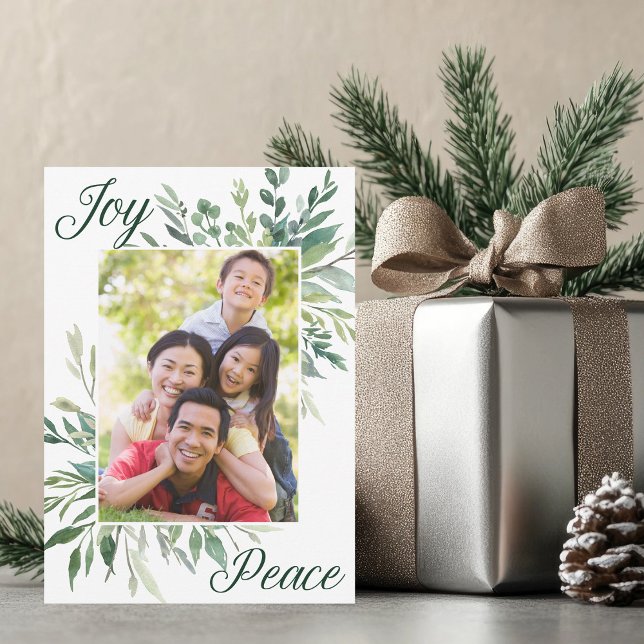 Cartão De Festividades Joy Peace Elegant Botanical Greenery Family Photo (Criador carregado)