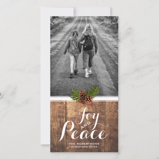 Cartão De Festividades Joy Peace Natal Deseja Fotografia Pinecones (Frente)