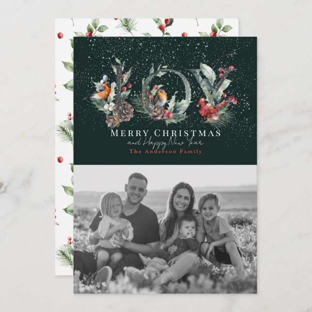 Cartão De Festividades JOY Pine Cone Red Berry Bird Foto de Natal Verde (Frente/Verso)
