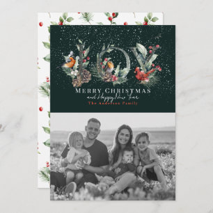 Cartão De Festividades JOY Pine Cone Red Berry Bird Foto de Natal Verde