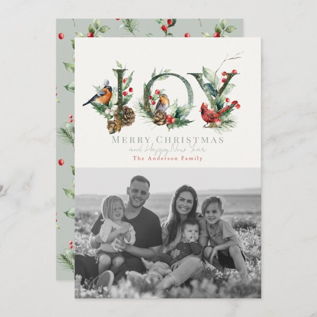 Cartão De Festividades JOY Pine Cone Red Berry Foto de Natal (Frente/Verso)
