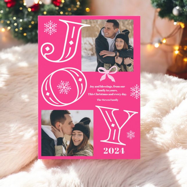 Cartão De Festividades Joy script 2 fotos com flocos de neve com néon ros (Joy script 2 photos snowflakes neon pink Christmas Holiday Card)