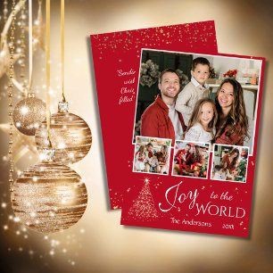 Cartão De Festividades Joy to the world 4 foto colage red Christmas