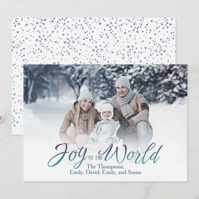 Cartão De Festividades Joy to the World Calliografia Script Blue 1 Photo (Frente/Verso)