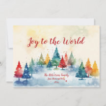 Joy to the World Colorful Pines Christmas Card