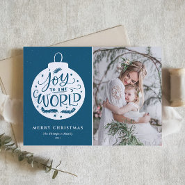Cartão De Festividades Joy To The World Lettering Blue Christmas Photo
