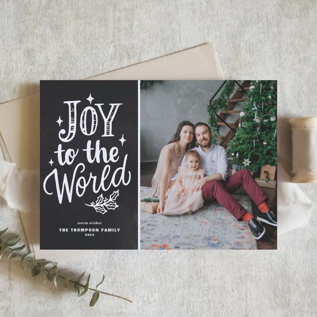 Cartão De Festividades Joy To The World Lettering Chalkboard Photo (Criador carregado)