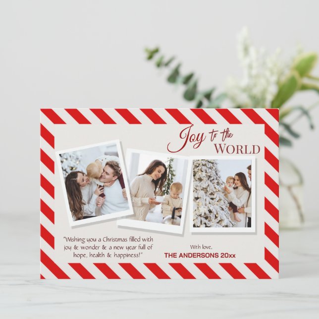 Cartão De Festividades Joy to the world modern 3 family photos cute red (Em pé/Frente)