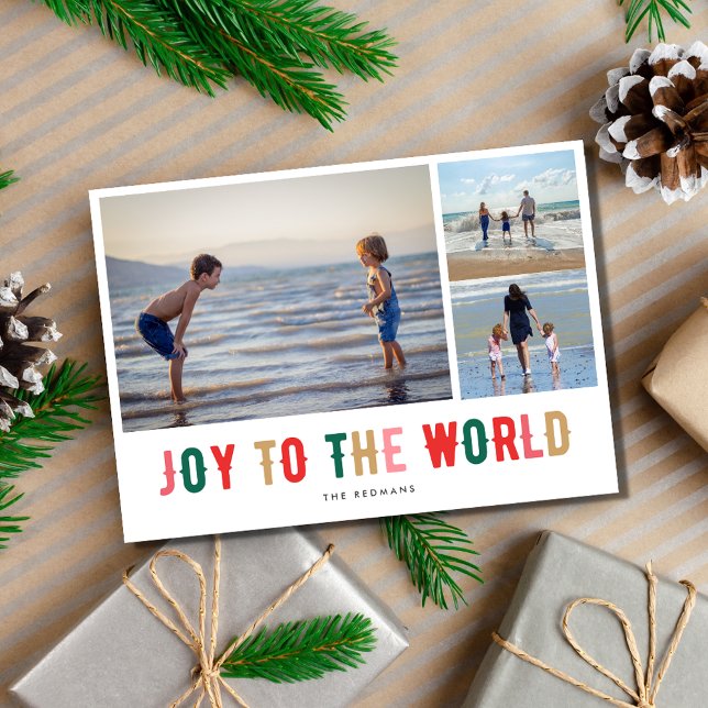 Cartão De Festividades Joy to the World Photo Collage Holiday Card (Joy to the World Photo Collage Christmas Holiday Card)