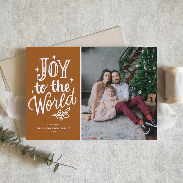 Cartão De Festividades Joy to the World Quote Rustic Burnt Orange Photo (Celebrate the season with this "Joy to the World" photo Christmas card in burnt orange.)