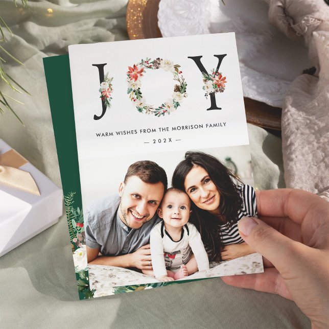 Cartão De Festividades JOY Typografia Poinsettia Foto de Natal Floral (Criador carregado)