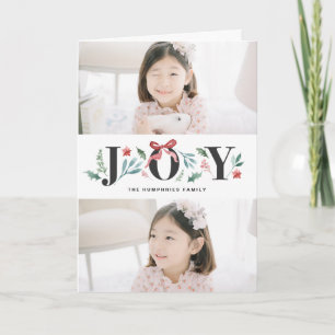 Cartão De Festividades JOY Watercolor Holiday Foliage & Flowers Two Photo
