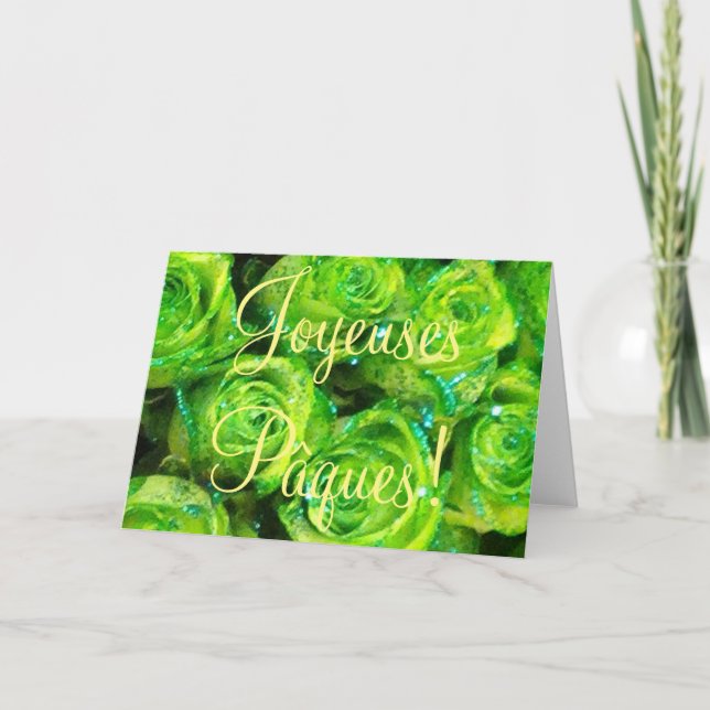 Cartão De Festividades Joyeuses Pâques Páscoa francesa Flores Rosas roxas (Frente)