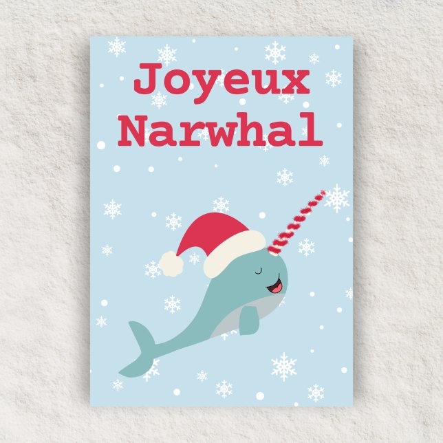 Cartão De Festividades Joyeux Narwhal Pun Feliz Natal (Criador carregado)