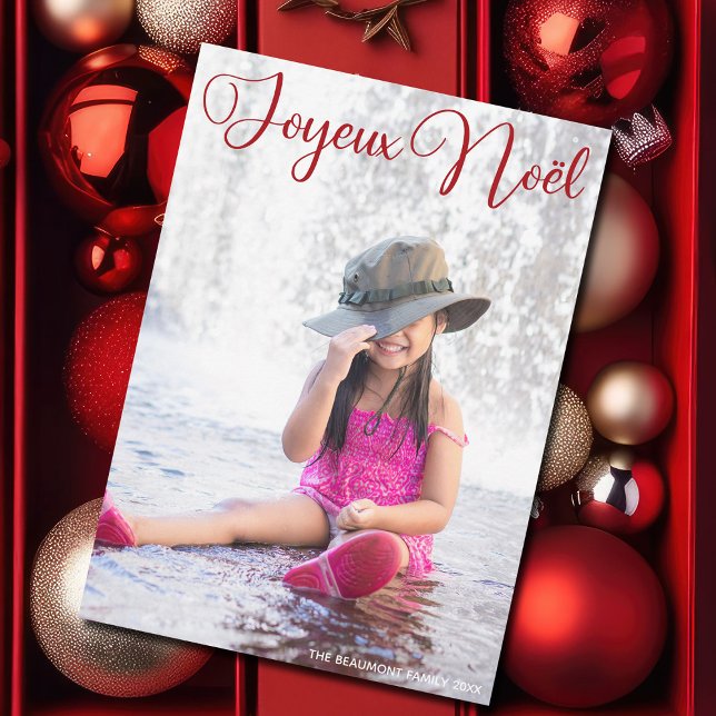 Cartão De Festividades Joyeux Noël Chic Red Script - Foto da família fran (Criador carregado)