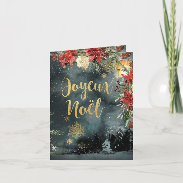 Cartão De Festividades Joyeux Noel Dourado Calliografia Woodland Holid Fl (Frente)