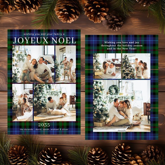 Cartão De Festividades Joyeux Noel Multi Photo Green Plaid Holiday Card (Criador carregado)