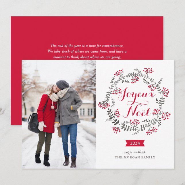 Cartão De Festividades Joyeux Noël Winterberry Wreath Wreath Foto de Nata (Frente/Verso)