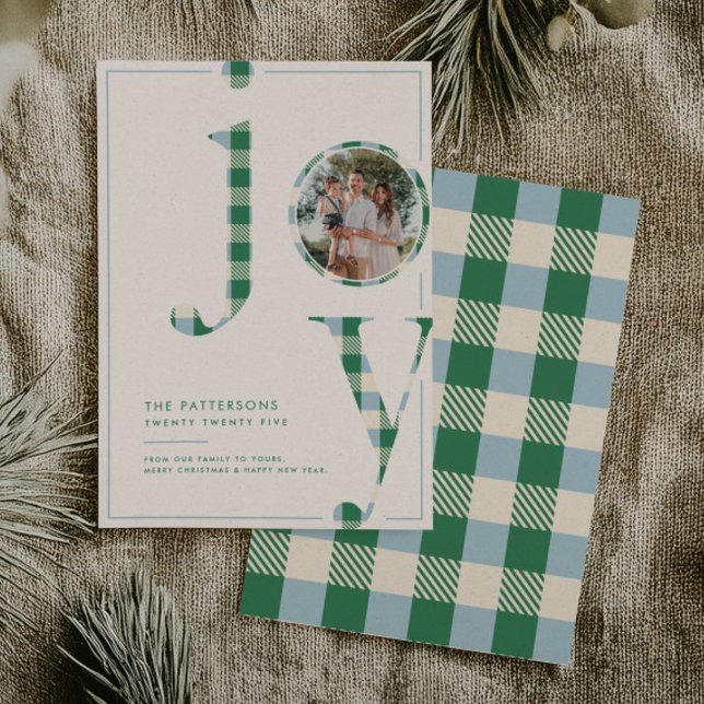 Cartão De Festividades Joyful Blue Green Tartan Family Photo Christmas (Criador carregado)