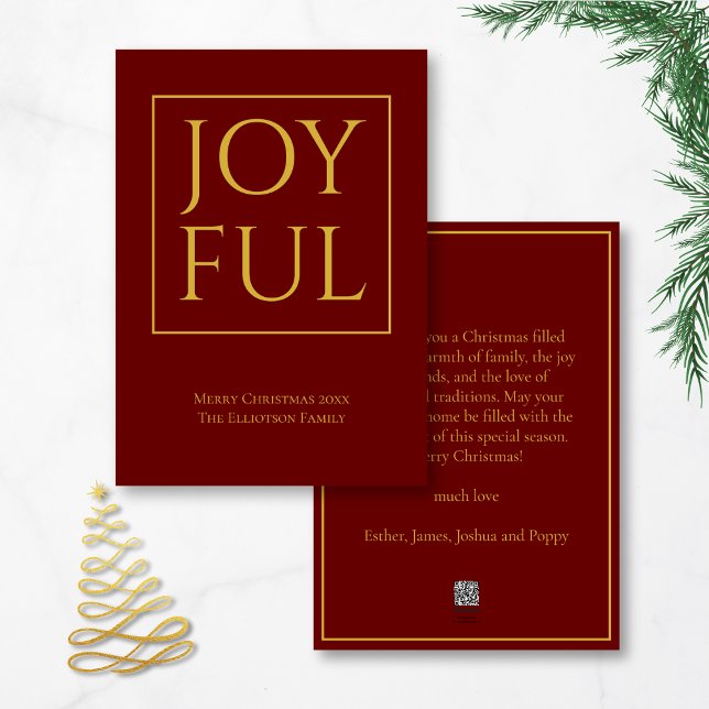 Cartão De Festividades Joyful Burgundy Dourado Name Feliz Natal (Front and back view. Available digitally or printed)