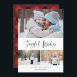 Cartão De Festividades Joyful Deseja o Natal do Script de Pincel Moderno<br><div class="desc">Este cartão com fotos elegante e na moda de feriado certamente vai espalhar alegria este ano! Apresentando um sentimento alegre em um roteiro de pincel com uma textura incrivel que diz "Desejos alegres" Personalize o texto no fundo e as fotos com sua própria. Vem com um clássico padrão verde e...</div>
