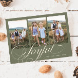 Cartão De Festividades Joyful Elegant Script Sage Green Photo Holiday<br><div class="desc">Minimal and modern holiday photo template card featuring 3 photos with a script text that says "joyful" at the bottom. You can also add another picture and message on the back. The background is sage green.</div>