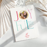 Cartão De Festividades JOYFUL FAMILY PHOTO modern elegant icon colorful<br><div class="desc">by kat massard >>> WWW.SIMPLYSWEETPAPERIE.COM <<< An elegant card design featuring the quote "JOYFUL" with combined elegant script type with serif typography,  and plain colour on the backside,  giving you the opportunity to handwrite a personal message. With trendy edged square shaped photo on the front for your favourite photo!</div>