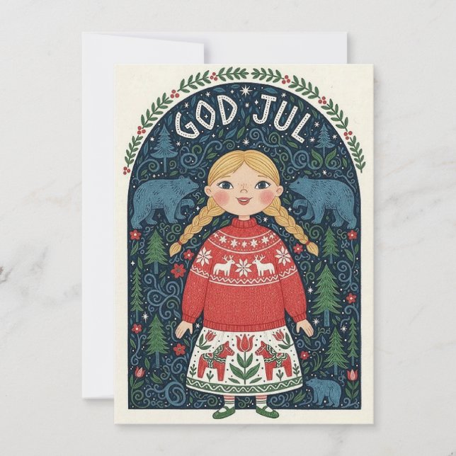 Cartão De Festividades Joyful Girl In Red Sweater (Frente)
