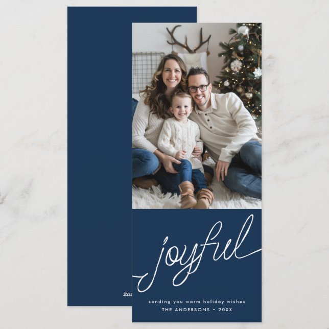 Cartão De Festividades Joyful Modern Script Blue Fotografia alta no Natal (Frente/Verso)