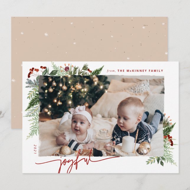 Cartão De Festividades JOYFUL Modern Script Boho Greenery Burgundy Beige (Frente/Verso)