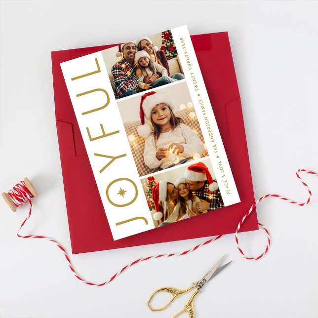 Cartão De Festividades Joyful Three Photo White and Antique Gold (Criador carregado)